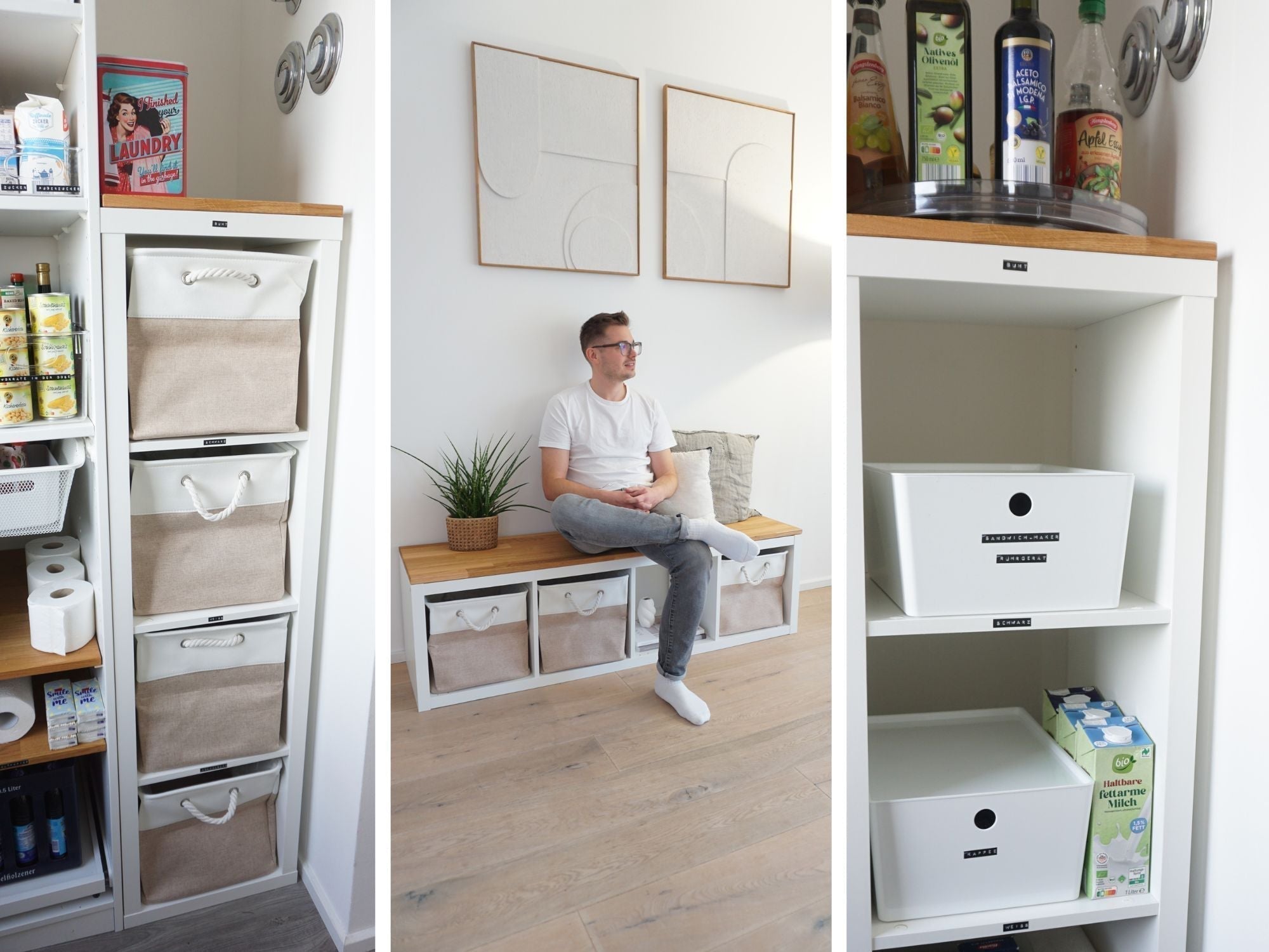 Collage für 3 IKEA Kallax Hacks für den Alltag. Einmal das Würfelregal als Wäschesammler, als praktische Sitzbank und aufgeräumten Vorratsschrank. Alle kombiniert mit einer Massivholzdeckplatte aus Eiche in Natur geölt von Omformo.