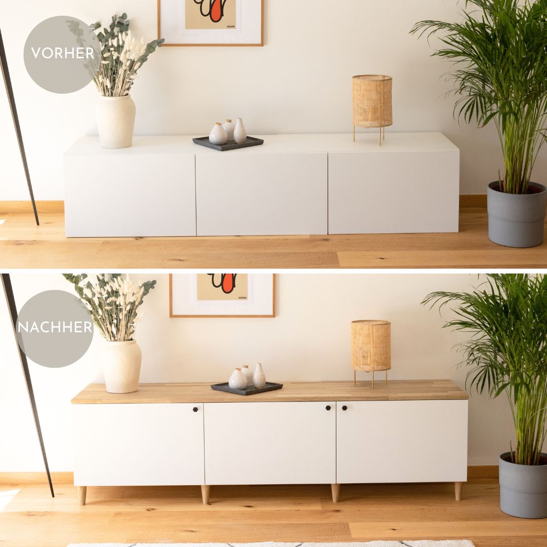 Ikea Besta 3 mit Deckplatte aus Eichenholz, passenden Füßen und Knöpfen