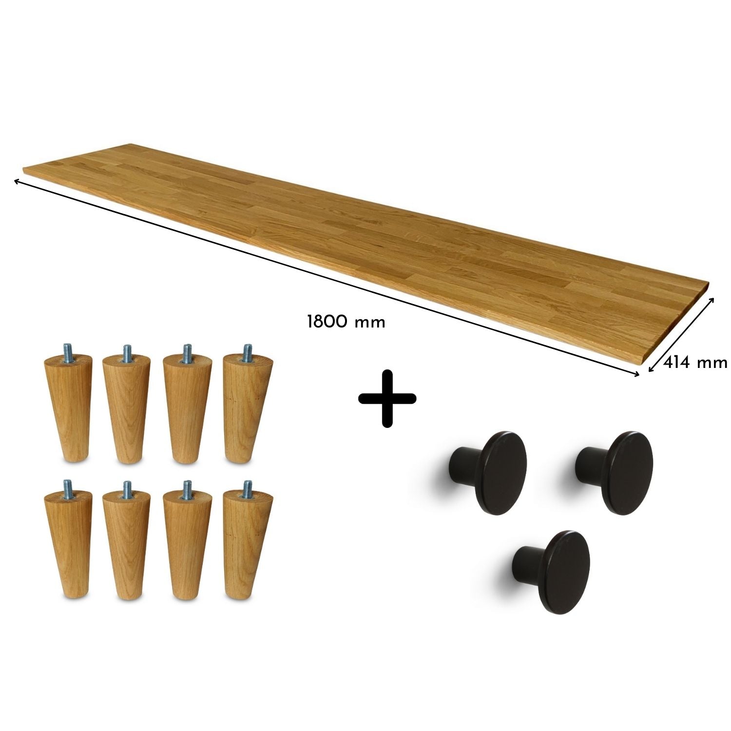 Besta breit 3 Korpusse Set, Massivholzplatte Eiche Natur geölt 19mm, Möbelfüße UPP 10cm in Eiche Natur geölt, Möbelknöpfe Nappi schwarz