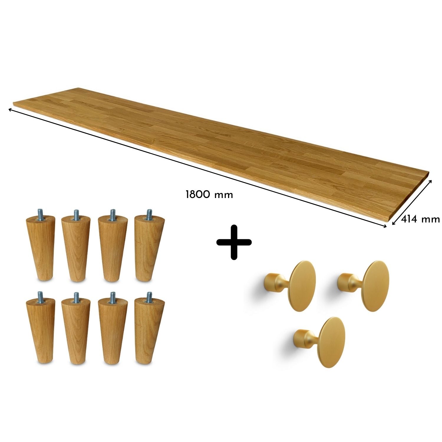 Besta breit 3 Korpusse Set, Massivholzplatte Eiche Natur geölt 19mm, Möbelfüße UPP 10cm in Eiche Natur geölt, Möbelknöpfe Platta gold