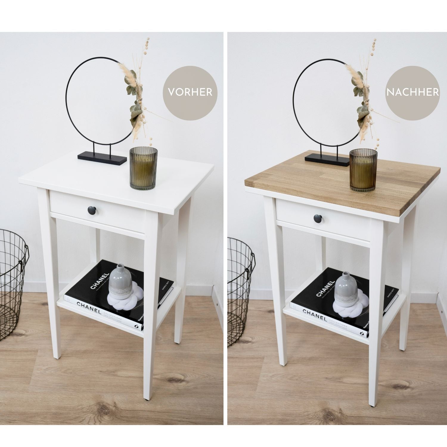 Ikea Hemnes Ablagetisch mit Deckplatte in Eiche Weiss als Vorher/Nachher Vergleich