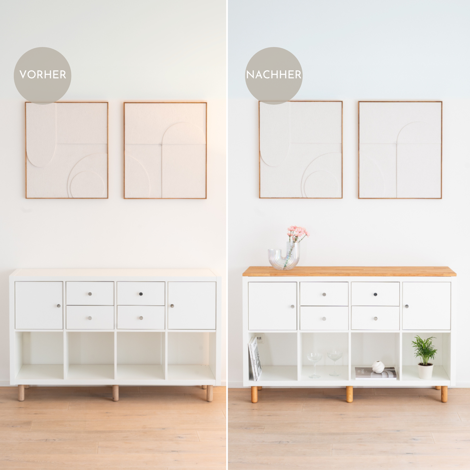 Ikea Kallax 4 Regal mit Massivholzdeckplatte aus Eiche Natur geölt in 19 mm Stärke Vorher Nachher Vergleich