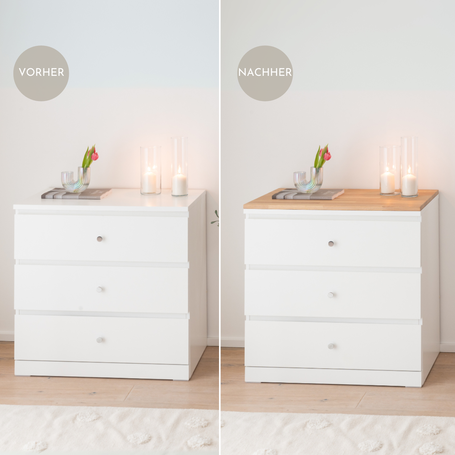 Ikea Malm Kommode mit Deckplatte Eiche Weiß geölt, Stärke 19 mm, Vorher Nachher Vergleich