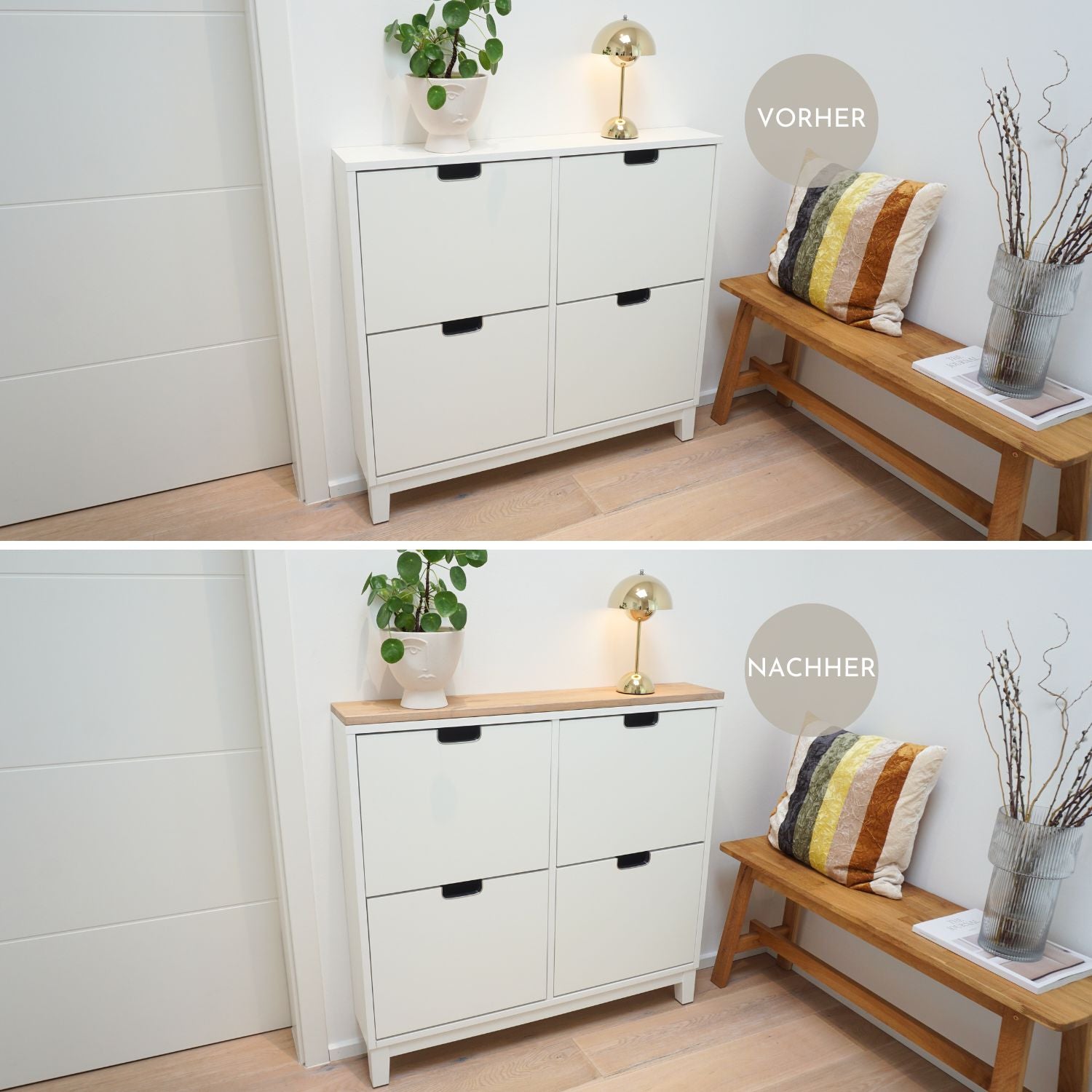 Ikea Ställ Schuhschrank mit Deckplatte Weiß Natur geölt - Vorher Nachher