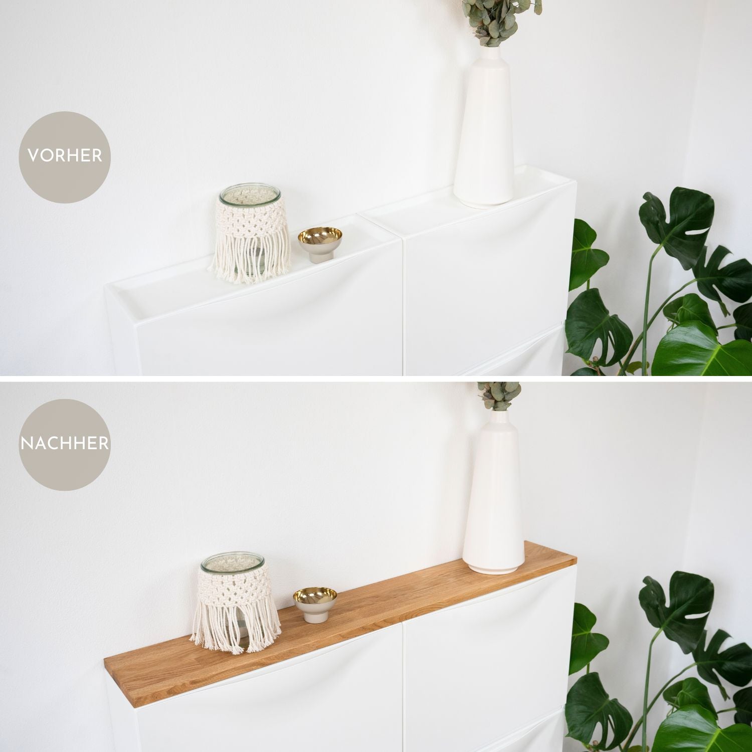 Ikea Trones Schuhschrank 2 Fächer breit mit Deckplatte in Eiche Natur geölt als Wohnbeispiel mit Dekoration als Vorher/Nachher Vergleich im Detail