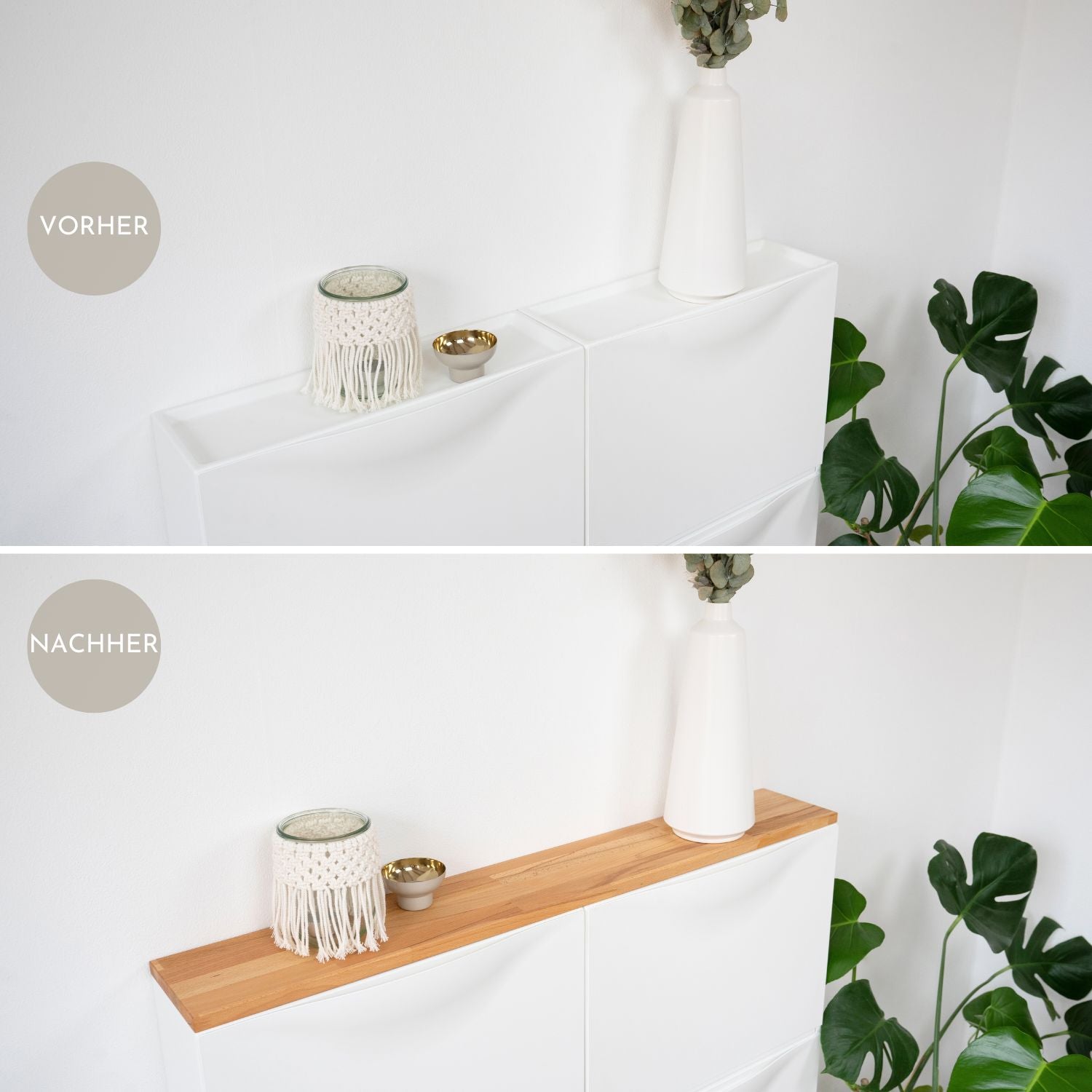 Ikea Trones Schuhschrank 2 Fächer breit mit Deckplatte in Kernbuche als Wohnbeispiel mit Dekoration als Vorher/Nachher Vergleich im Detail