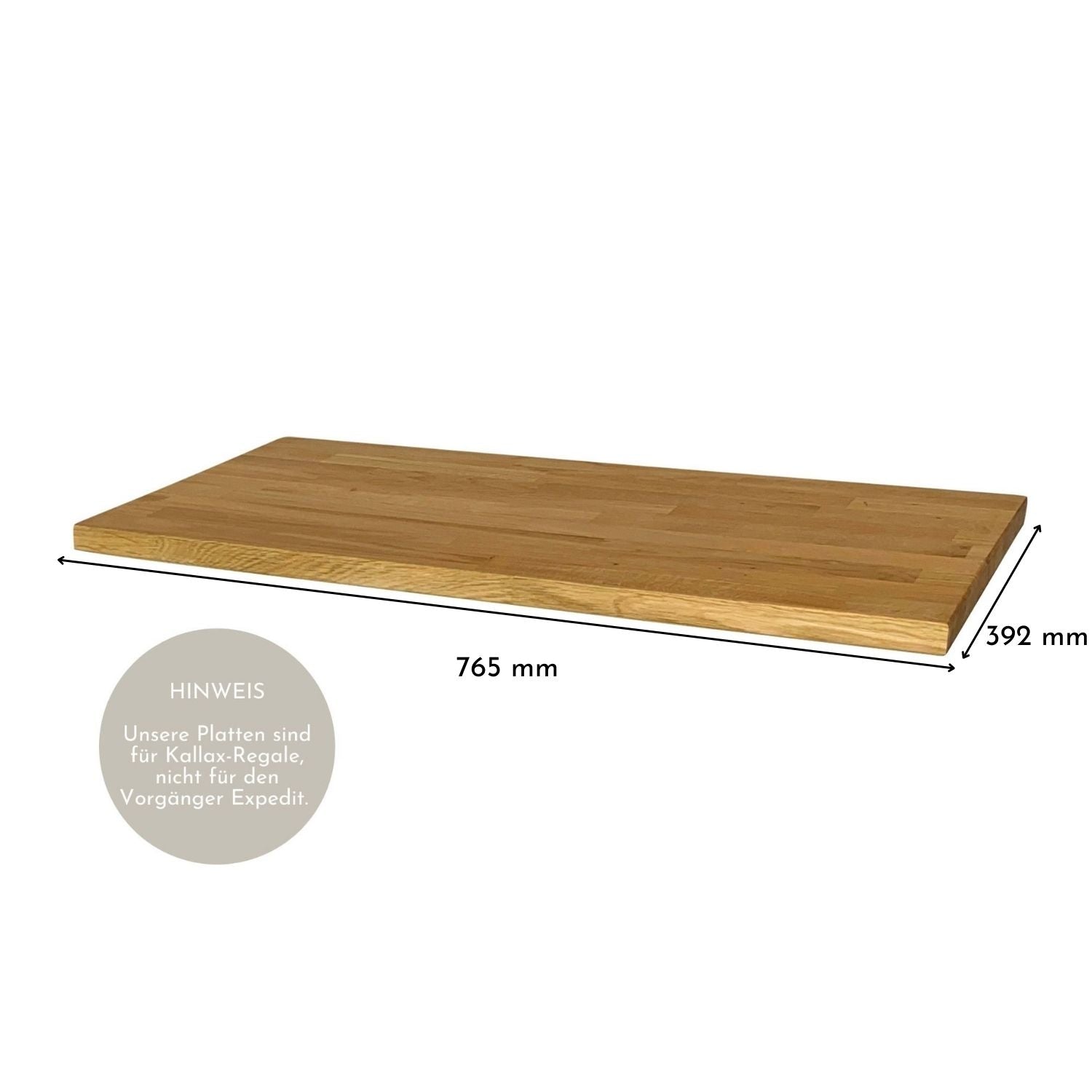 Kallax 2 Regal mit Massivholzdeckplatte aus Eiche Natur geölt in 26 mm Stärke mit Bemaßung 765 mm x 392 mm