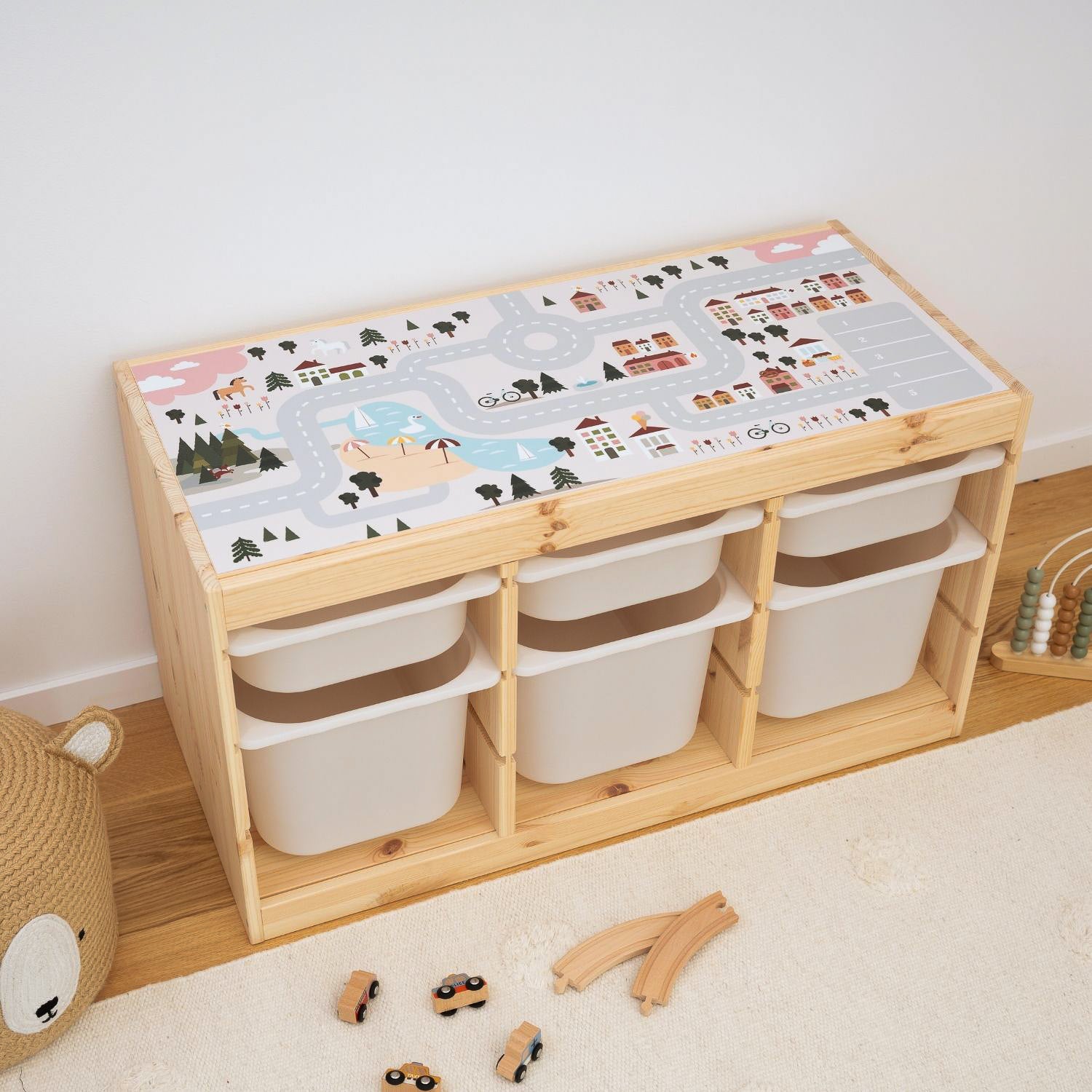 Klebefolie Spielstraße für Ikea Trofast Kiefer, Stadt rosa