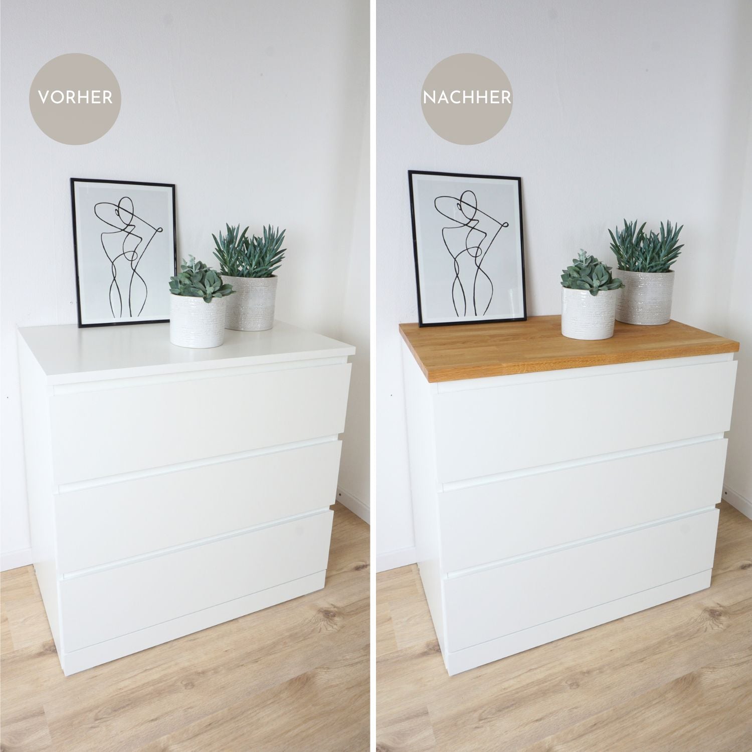Malm Kommode mit Massivholzdeckplatte aus Eiche Natur geölt in 26 mm Stärke mit Bohrlöcher Vorher Nachher bild Wohnbild mit Dekoration