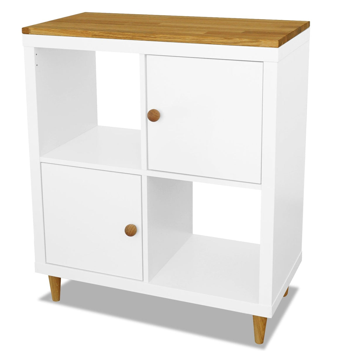 Kallax Regal 2 Fächer breit, Omformo Massivholzplatte Eiche Natur geölt 19mm, Möbelfüße UPP 10cm Eiche Natur geölt, Möbelknöpfe Kuula Eiche