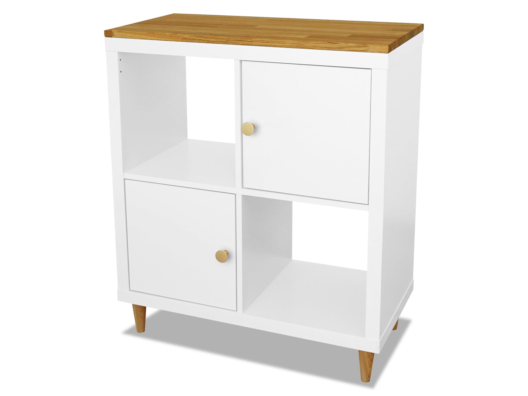 Kallax Regal 2 Fächer breit, Omformo Massivholzplatte Eiche Natur geölt 19mm, Möbelfüße UPP 10cm Eiche Natur geölt, Möbelknöpfe Platta gold