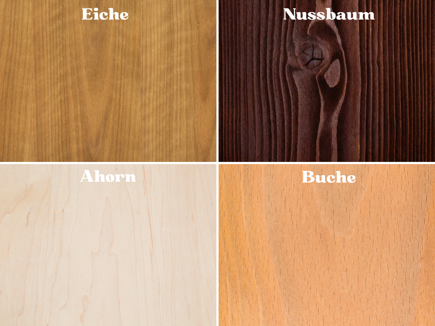 Schaubild für die Textur und Farbe von den verschiedenen Holzarten Eiche, Nussbaum, Ahorn und Buche.