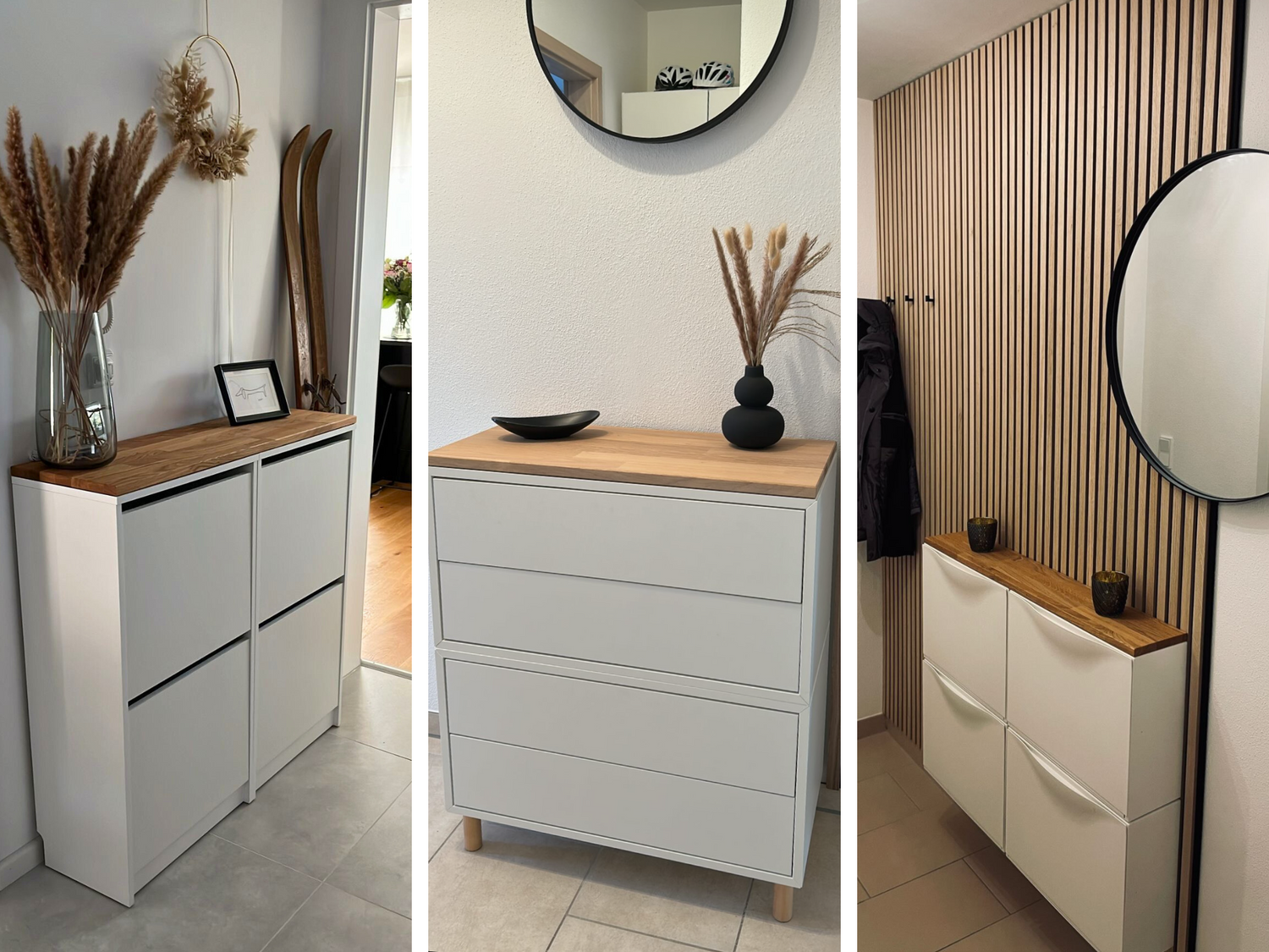 Verschiedene Kundenbilder als Wohnbeispiel für einen kleinen Flur. Ikea Bissa, Ikea Eket und Ikea Trones mit Massivholzdeckplatte aus Eiche in Natur und Weiß geölt.