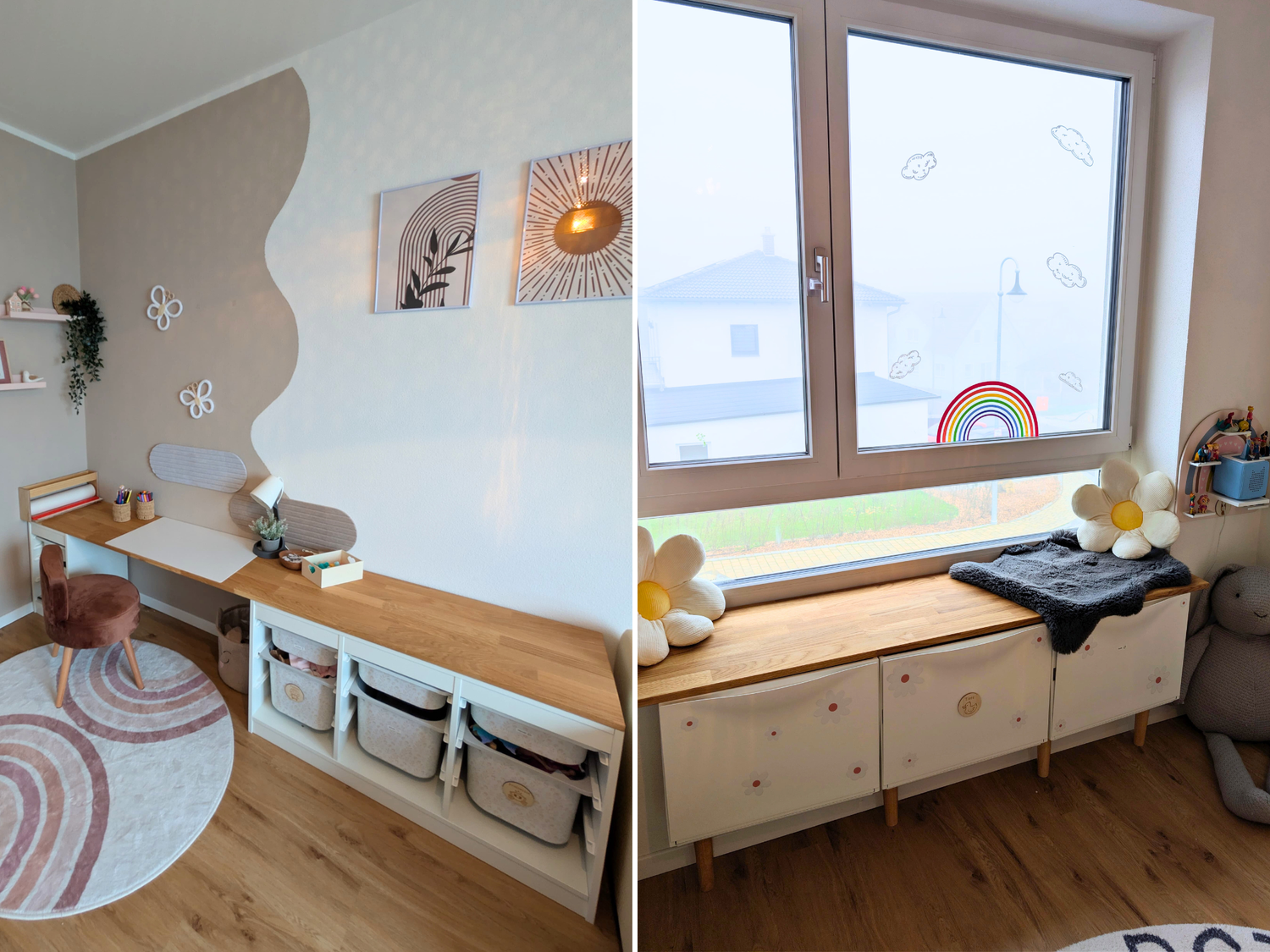 Kinderzimmer Inspiration mit einem IKEA Trofast DIY Schreibtisch mit maßgeschnittener Massivholzplatte aus Eiche in Natur geölt und drei IKEA Tones Modulen mit einer Deckplatte aus Eichenmassivholz um eine Sitzfensterbank zu kreieren.