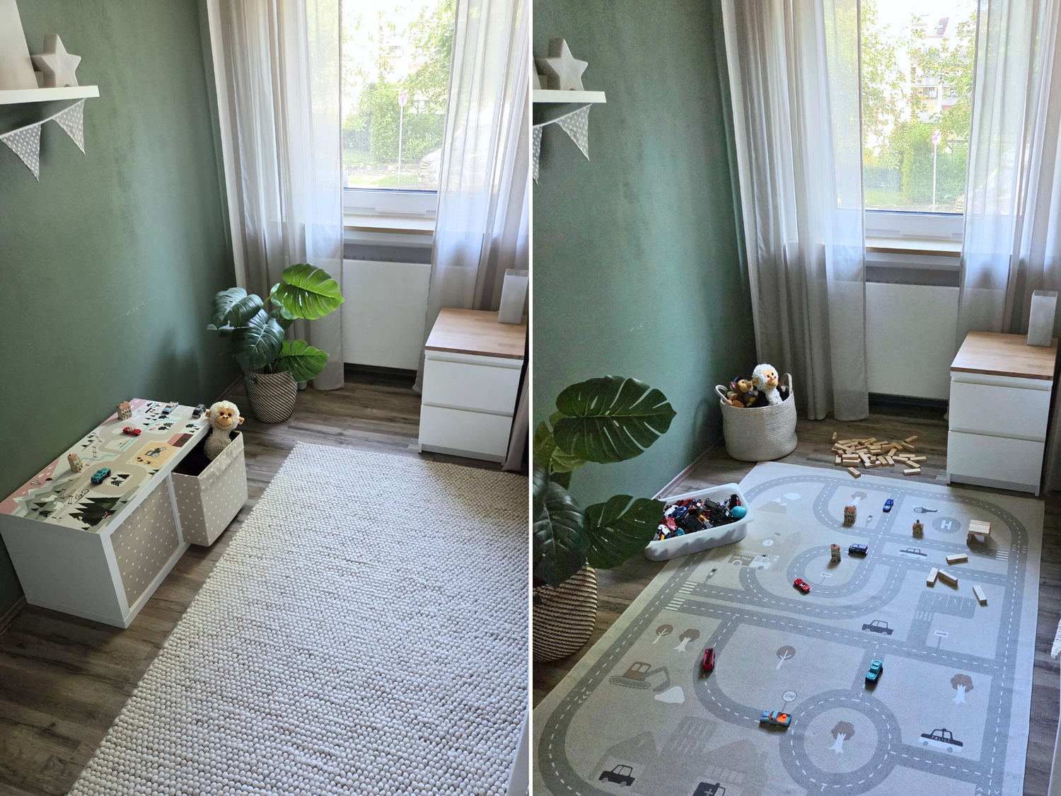 Vergleich eines Kinderzimmers mit Klebefolie Landliv in Rosa von Omformo Kids und einem Spielteppich.  Wohnbeispiele für ein Kinderzimmer beide dekoriert mit Spielzeug.