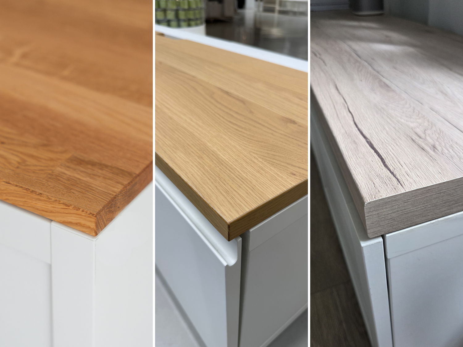 Vergleich von Massivholz, Furnier und Dekorplatten in einer Detail Ansicht um die Struktur zu erkennen.