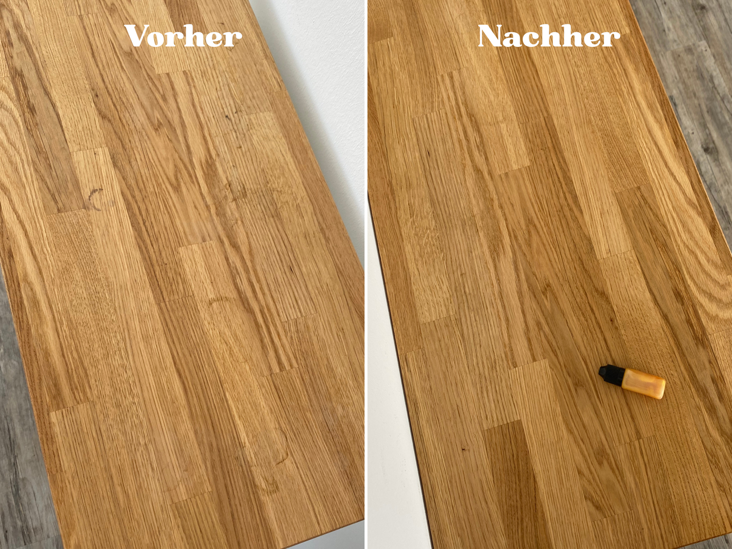 Vorher Nacher Vergleich einer Massivholzdeckplatte aus Eiche in Natur geölt für Kallax 2 Würfelregal. Links die Platte mit Wasserflecken und rechts die aufbereitete Platte ohne Wasserflecken und schönem Glanz.