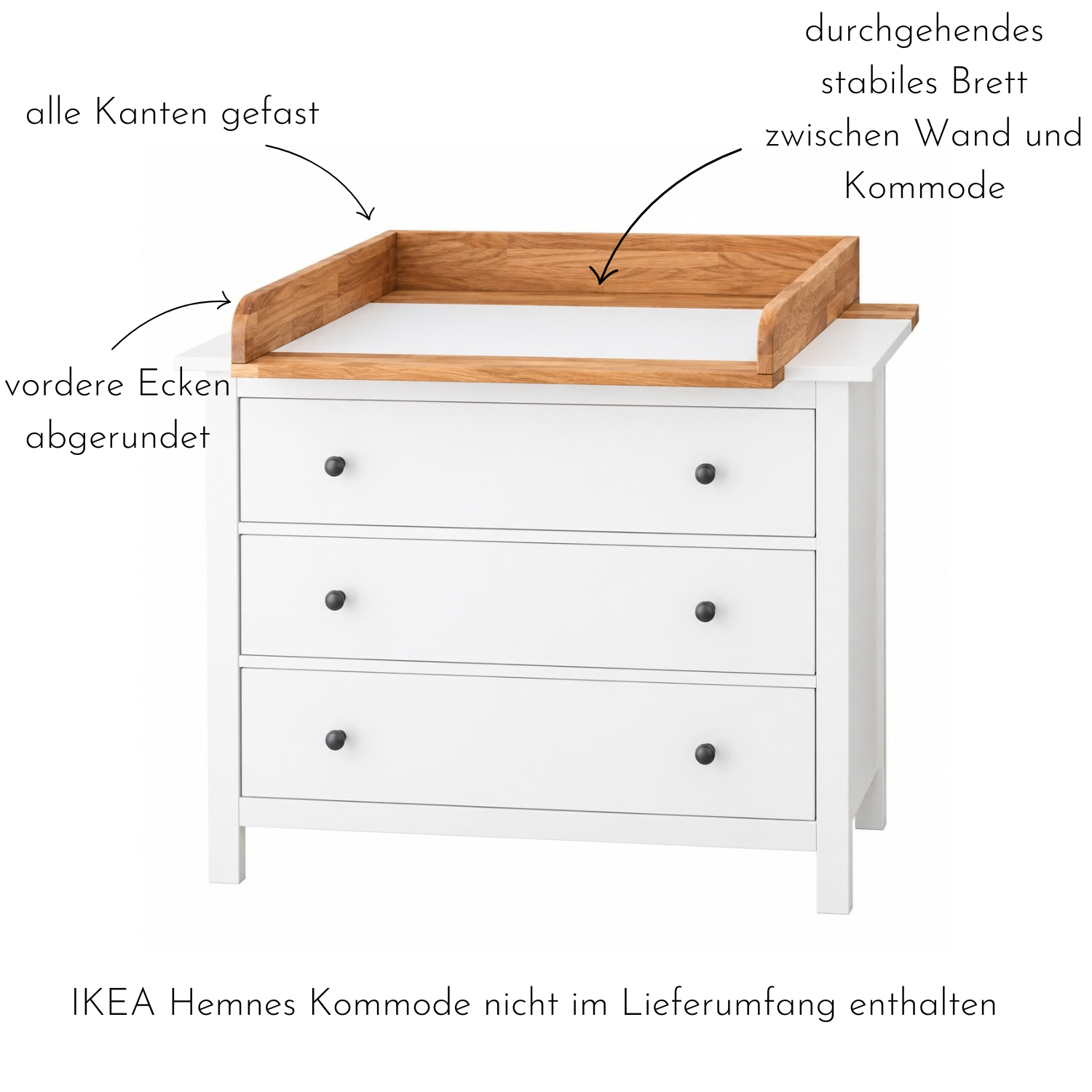 Vorteile des Wickelaufsatz Modulino von Omformo. Alle Kanten gefast, vordere Ecken abgerundet, durchgehendes stabiles Brett zwischen Wand und Kommode