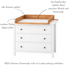 Vorteile des Wickelaufsatz Modulino von Omformo. Alle Kanten gefast, vordere Ecken abgerundet, durchgehendes stabiles Brett zwischen Wand und Kommode