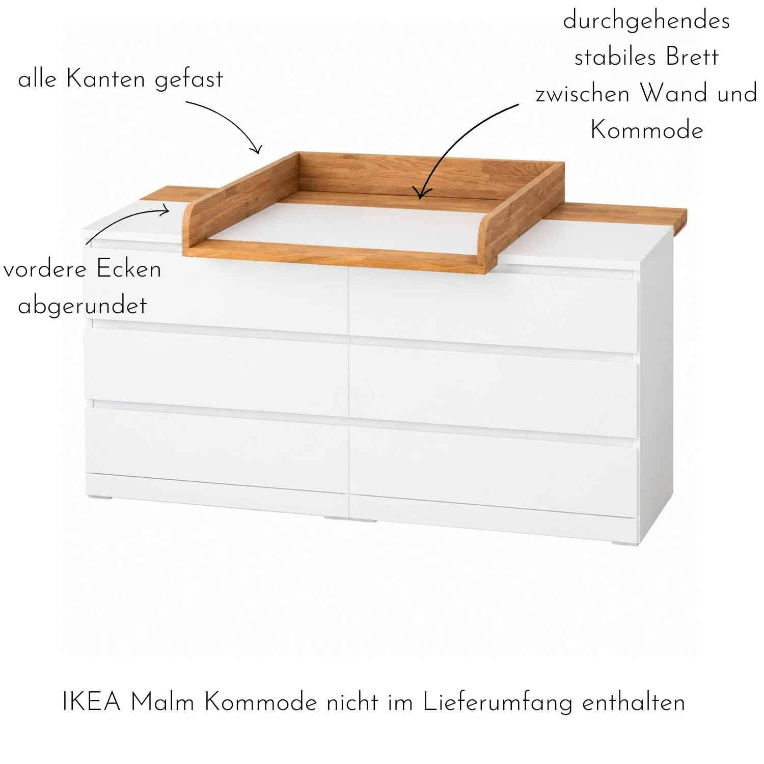 Vorteile des Wickelaufsatz Modulino von Omformo. Alle Kanten gefast, vordere Ecken abgerundet, durchgehendes stabiles Brett zwischen Wand und Kommode