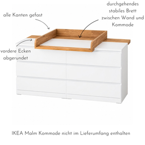 Vorteile des Wickelaufsatz Modulino von Omformo. Alle Kanten gefast, vordere Ecken abgerundet, durchgehendes stabiles Brett zwischen Wand und Kommode