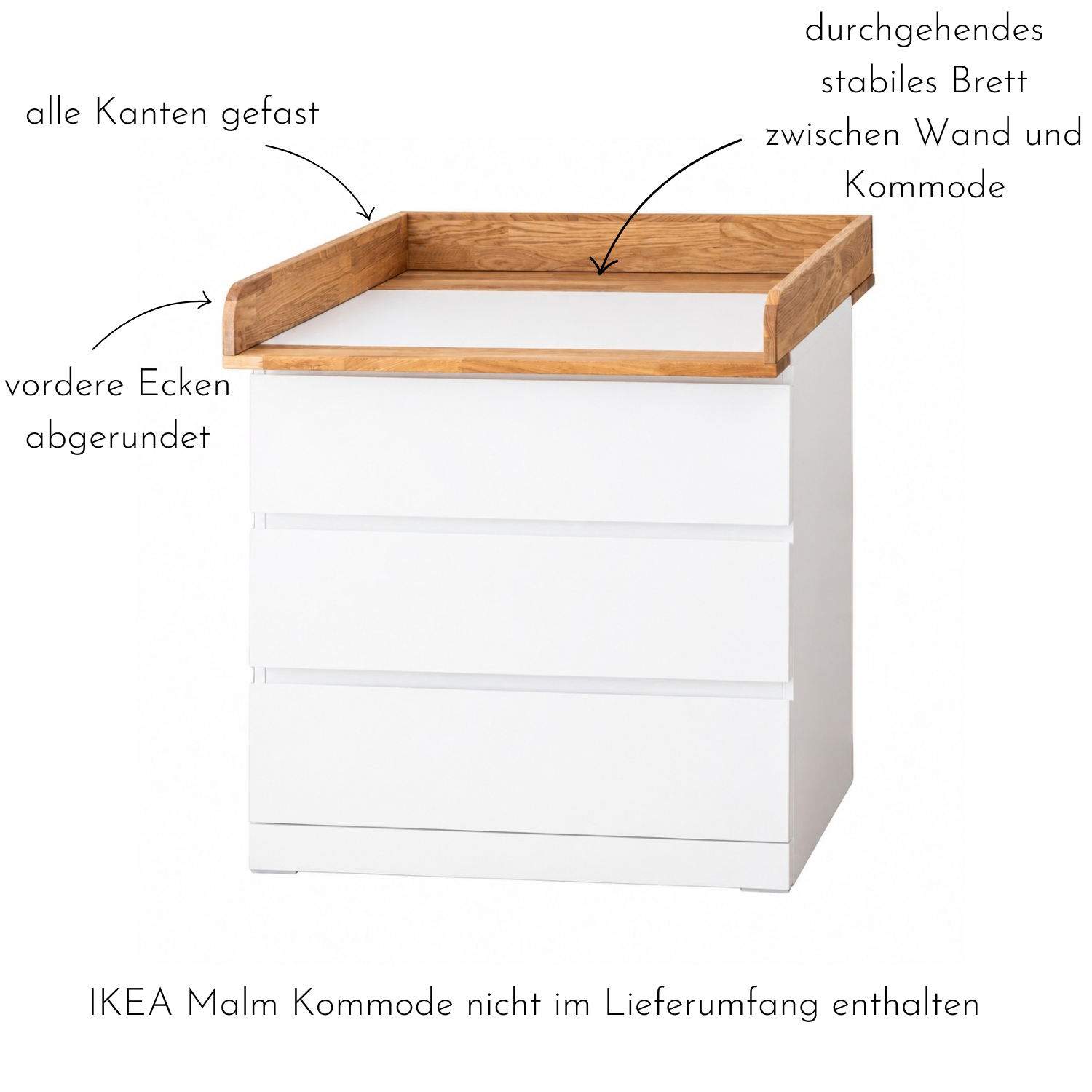 Vorteile des Wickelaufsatz Modulino von Omformo. Alle Kanten gefast, vordere Ecken abgerundet, durchgehendes stabiles Brett zwischen Wand und Kommode