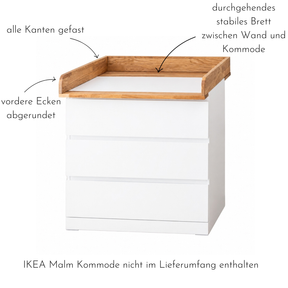 Vorteile des Wickelaufsatz Modulino von Omformo. Alle Kanten gefast, vordere Ecken abgerundet, durchgehendes stabiles Brett zwischen Wand und Kommode