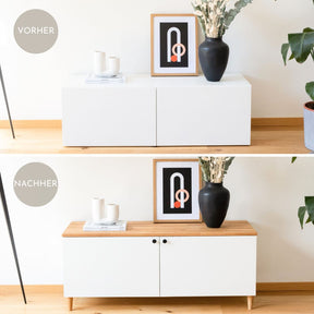 Ikea Besta Sideboard mit Deckplatte aus Eichenholz, Möbelfüßen und schwarzen Knöpfen