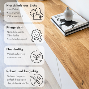 Detailbild einer Massivholzdeckplatte aus Eiche in Natur geölt für das IKEA Besta breit mit 4 Korpussen. Zeigt Eigenschaften über das Massivholz wie „Massivholz aus Eiche - Kein Dekor,  Kein Furnier, 100 % natürlich“, „Pflegeleicht - Natürlich geölte Oberfläche, Kein Staubmagnet“, „Nachhaltig - Möbel aufwerten statt ersetzen“ und „Robust und langlebig - Gebrauchsspuren einfach beseitigen: abschleifen & einölen“ für Platten nach Maß.