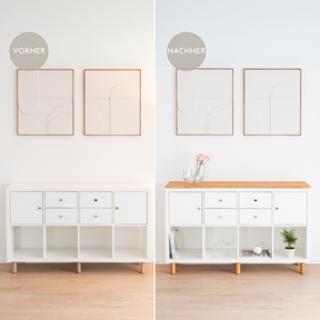 Ikea Kallax 4 Regal mit Massivholzdeckplatte aus Eiche Natur geölt in 19 mm Stärke Vorher Nachher Vergleich
