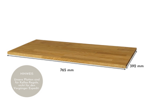 Kallax 2 Regal mit Massivholzdeckplatte aus Eiche Natur geölt in 19 mm Stärke mit Bemaßung 765 mm x 392 mm