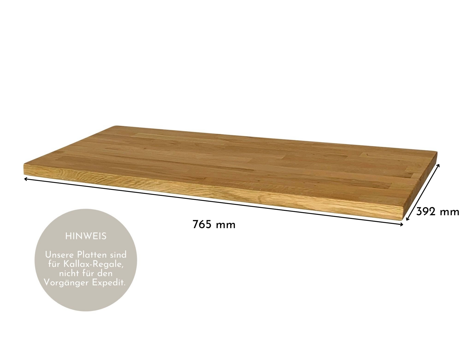 Kallax 2 Regal mit Massivholzdeckplatte aus Eiche Natur geölt in 26 mm Stärke mit Bemaßung 765 mm x 392 mm