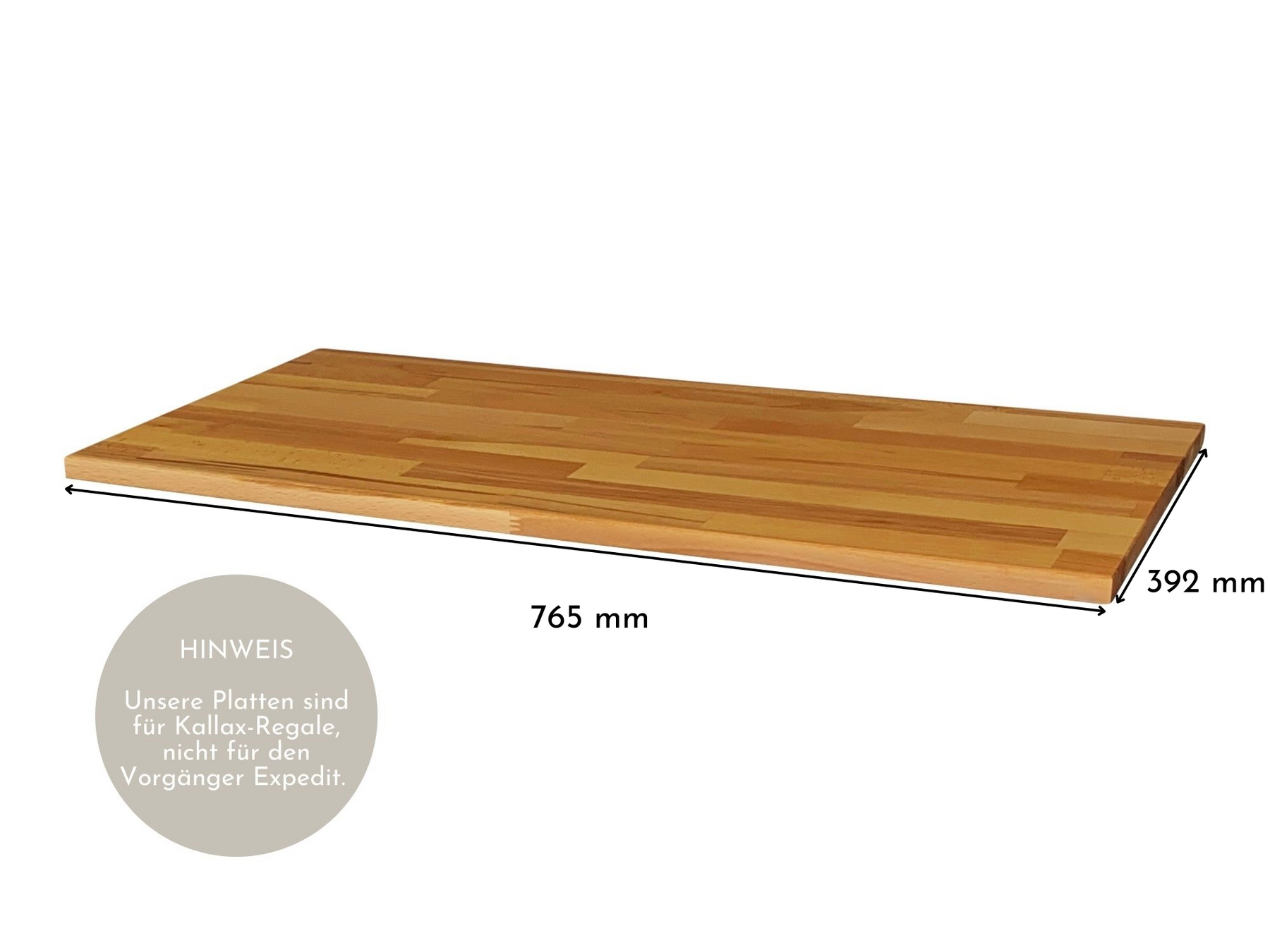 Kallax 2 Regal mit Massivholzdeckplatte aus Kernbuche Natur geölt in 19 mm Stärke mit Bemaßung 765 mm x 392 mm