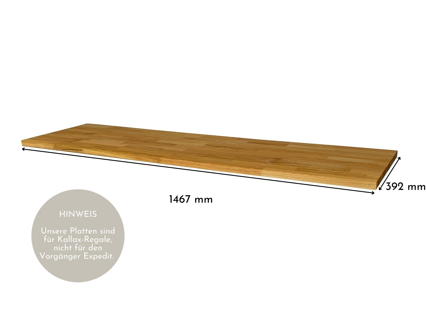 Kallax 4 Regal mit Massivholzdeckplatte aus Eiche Natur geölt in 26 mm Stärke mit Bemaßung 1467 mm x 392 mm