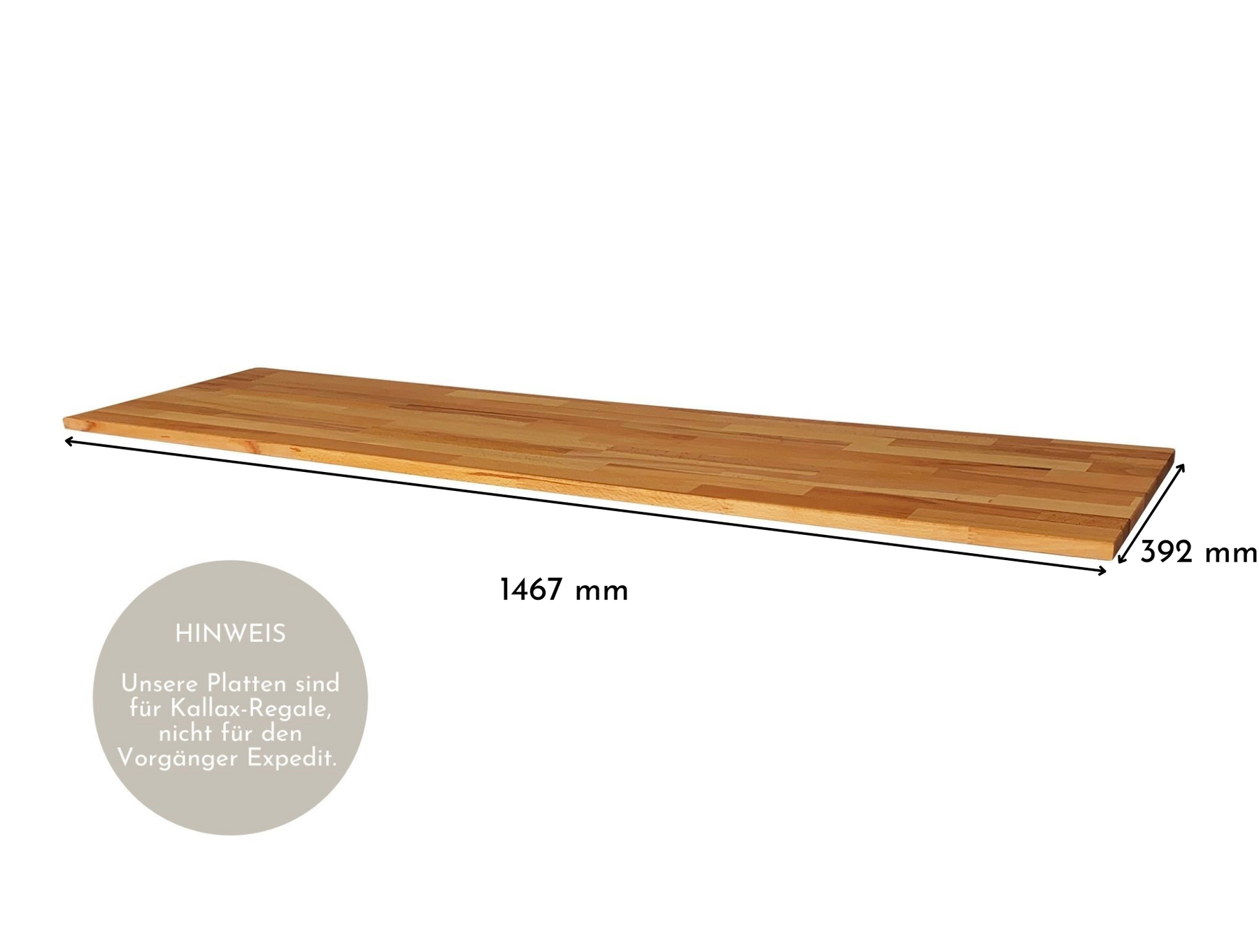 Kallax 4 Regal mit Massivholzdeckplatte aus Kernbuche Natur geölt in 19 mm Stärke mit Bemaßung 1467 mm x 392 mm
