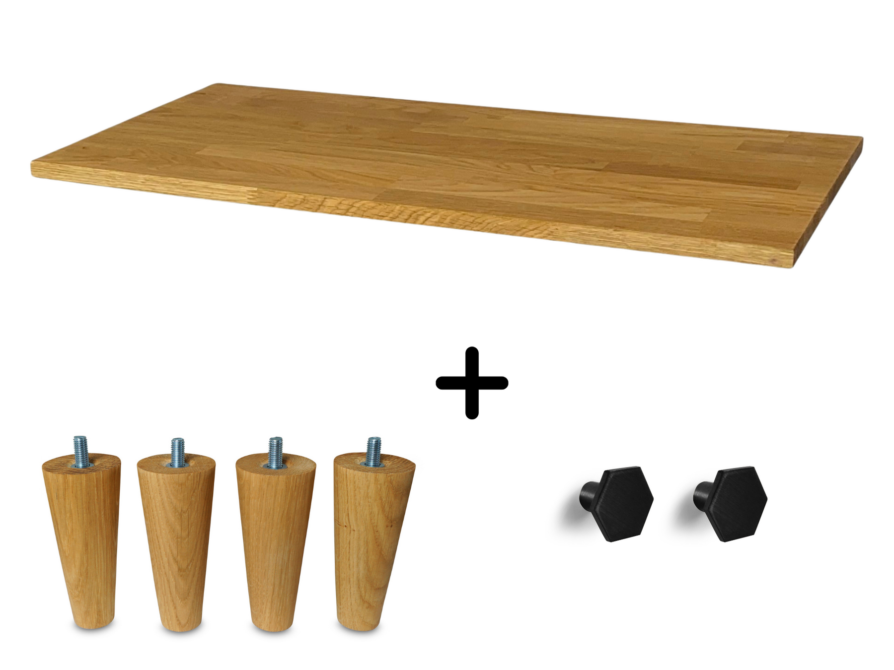 Kallax 2 Set, Massivholzplatte in Eiche Natur geölt, Möbelfüße UPP 10cm, Möbelknöpfe Hexa 25mm schwarz