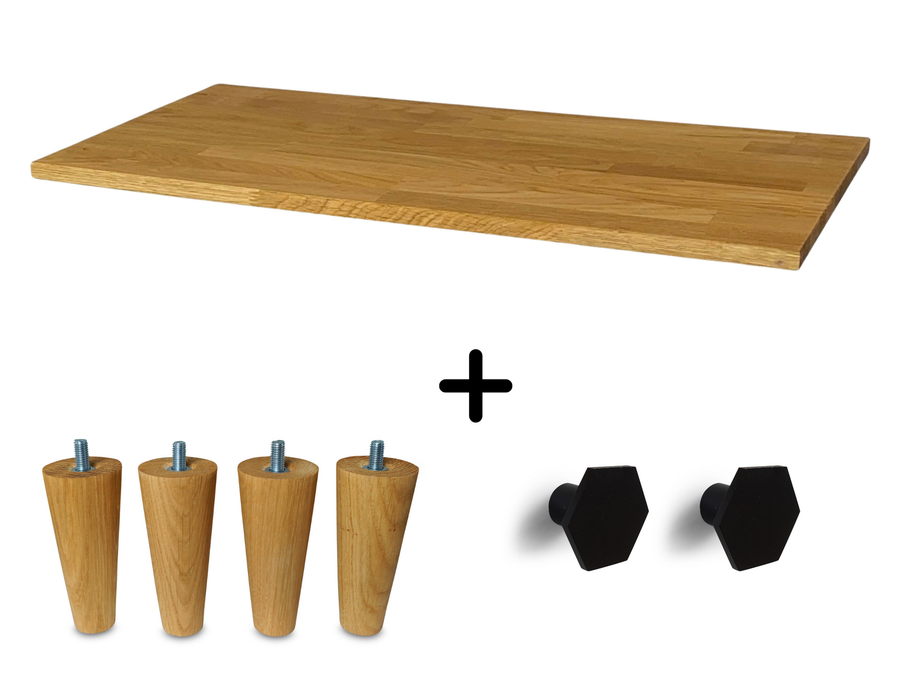 Kallax 2 Set, Massivholzplatte in Eiche Natur geölt, Möbelfüße UPP 10cm, Möbelknöpfe Hexa 35mm schwarz