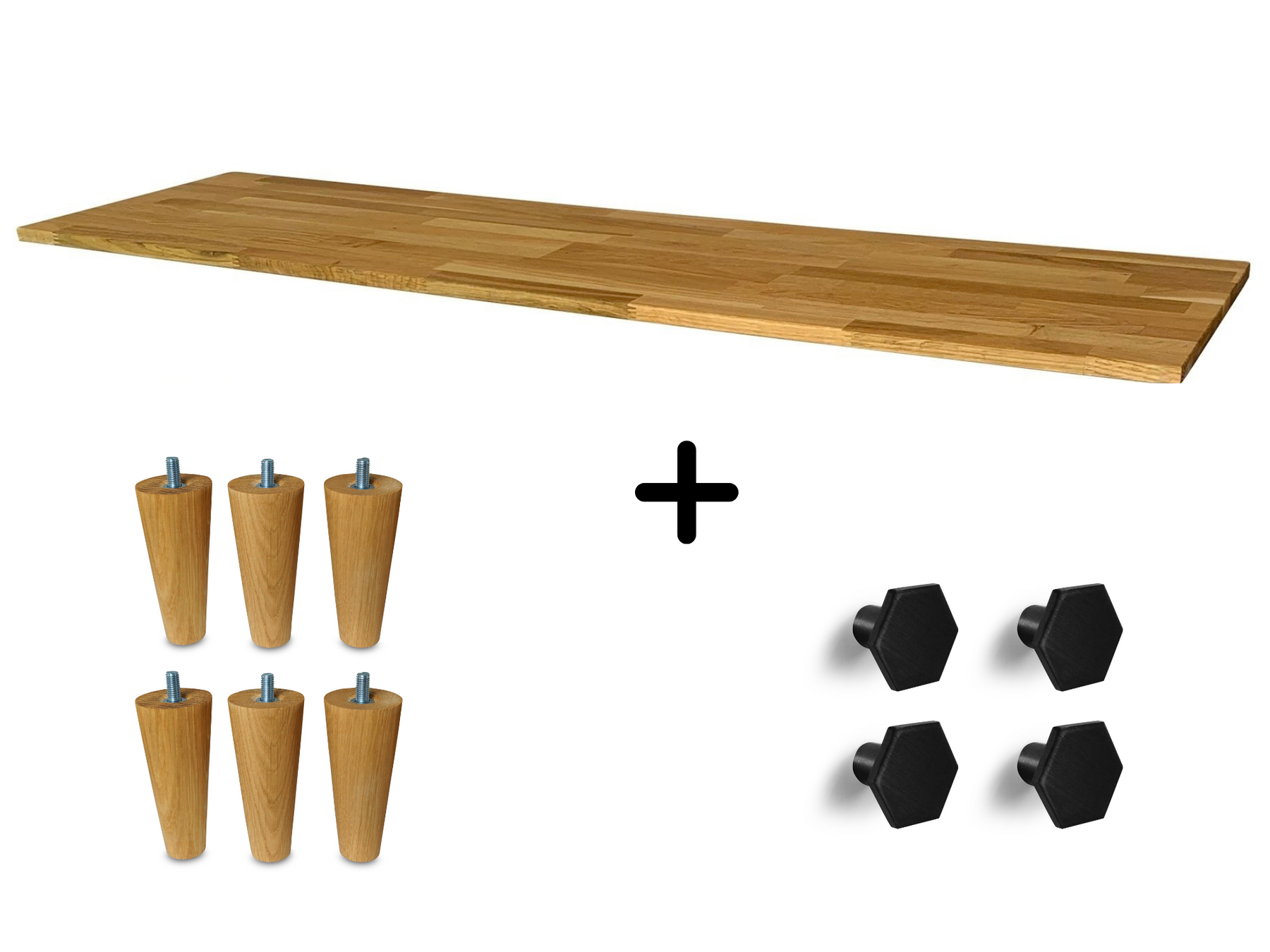 Kallax 4 Set, Massivholzplatte in Eiche Natur geölt, Möbelfüße UPP 10cm, Möbelknöpfe Hexa 25mm schwarz