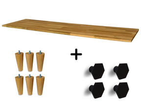 Kallax 4 Set, Massivholzplatte in Eiche Natur geölt, Möbelfüße UPP 10cm, Möbelknöpfe Hexa 35mm schwarz